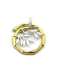 Bamboo & Leaf Designed Vermeil Swarvoski Diamond Gemstone Micro Pave .925 Sterling Silver Pendant Necklace with Rhodium Plated and 18K Gold Plated on delicate sterling silver chain