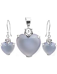 Blue Chalcedony Heart-Shape Pendant with Earrings Set - Sterling Silver