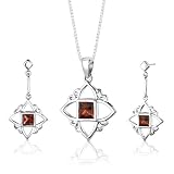 Sterling Silver Rhodium Finish 2.75 carats total weight Princess Cut Garnet Pendant Earrings and 18 inch Necklace Set