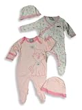 Beyond Basics Kids - Newborn Baby Girls Long Sleeved Coverall 2 Pack with Matching Cap, Pink, White