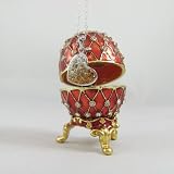 Sterling Silver Necklace Set with Gold Swarovski Crystals in a Red Faberge Egg Box Which Is Also Set with Swarovski Crystals and Detailed in Gold Trinket Jewelry Box, Limited Edition, Gift Boxed, Certificate of Authenticity