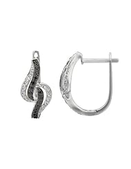 14K White Gold 0.24ct Curvy Round and Black Diamond Huggie Post Earrings