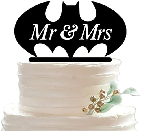Hit Newton® Mr &amp; Mrs Wedding Monogram Cake Topper - Batman Symbol, Black Acrylic, Fits in Wedding Cake Over 5 Inch