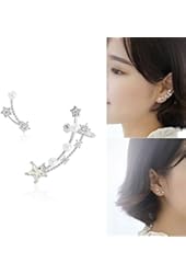 CIShop Asymmetry Star Diamond Pearl Stud Earrings Ear Cuff Earring 925 Sterling Silver Post(Hypoallergic)