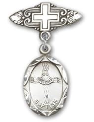 Sterling Silver Baby Badge with Baptism Charm and Badge Pin with Cross
