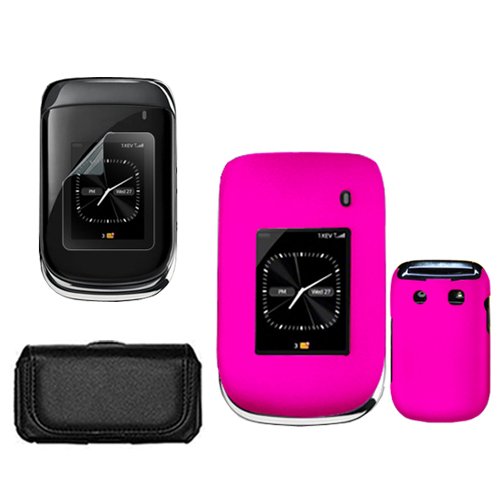 iNcido Brand Blackberry Style 9670 Combo Rubber Feel Hot Pink Protective Case Faceplate Cover + Black Horizontal Leather Pouch + LCD Screen Protector for Blackberry Style 9670