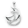 Solid Sterling Silver Cubic Zirconia Rhodium Plated Moon Shape Pendant with Another CZ Encrusted Moon.