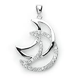 Solid Sterling Silver Cubic Zirconia Rhodium Plated Moon Shape Pendant with Another CZ Encrusted Moon.