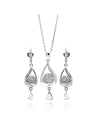 Nickel Free Sterling Silver Necklace & Earring Sets Teardrop With Cubic Zirconia Set Pendant 12Mm X 35Mm Earring 9Mm X 35Mm Chain Adjustable 16"-18"