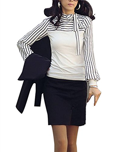 ZANZEA Women's Stripe Puff Long Sleeve Shirt Casual Career Neck Blouses with Bow