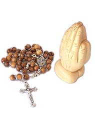 Jerusalem Cross Olive Wood Rosary - With Organza bag and a small olive wood Praying Hands
