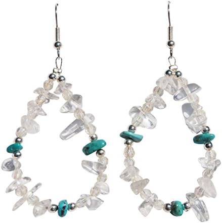 Clear Quartz Crystal Tear-drop Shape Beaded Navajo Earrings w/Turquoise and Silver Beads Silver Earwire