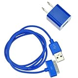 EarlyBirdSavings 3Ft 90cm USB Sync Data Cable + Wall AC Charger Royal Blue for iPod iPhone 4 4S