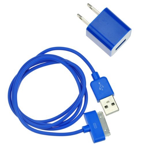 EarlyBirdSavings 3Ft 90cm USB Sync Data Cable + Wall AC Charger Royal Blue for iPod iPhone 4 4S