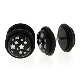 Black Acrylic Faux Plug - White Stars Logo - 16g Stud Wire - 00g Fake Plug - Sold as a Pair