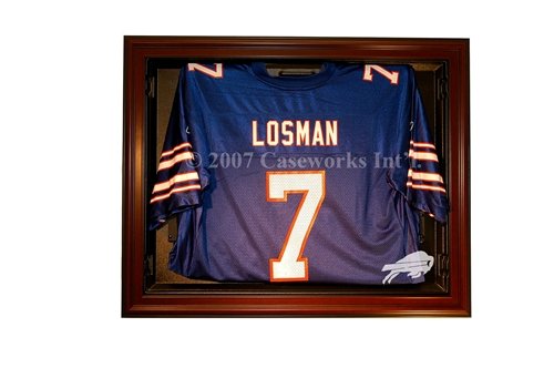 Buffalo Bills Football Jersey Display Case with Removable Face and Mahogany Finish Frame