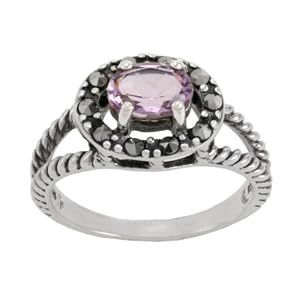 Sterling Silver Marcasite Amethyst Rope Textured Ring