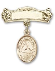 14K Gold Baby Badge with St. Katherine Drexel Charm and Arched Polished Badge Pin