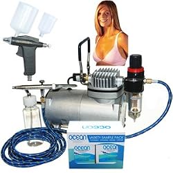 Professional Turbo Tan Airbrush Sunless Tanning System with both a Single-Action Suction Feed Airbrush and a Trigger Style Gravity Feed Airbrush Gun along with an Ocean Sunless Tanning Variety Sampler Pack (4 Different Solutions - 1 Pint Total)