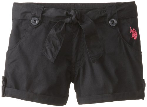 US Polo Association Girls 7-16 Cotton Poplin Belted Roll Cuff Short, Black, 12