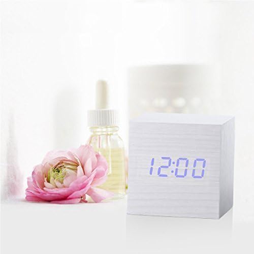 Digital Alarm Clock-VC Mall Cube Design Mini LED Wooden Desk Clock with Voice Control &amp; Temperature Display for Kids,Home,Office