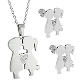 Stainless Steel High Shine Boy and Girl Kissing With CZ Pendant and Earrings Set