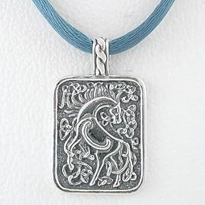 Rectangular Epona (Horse) Pendant in Sterling Silver on Dusty Blue Satin Cord, #8654