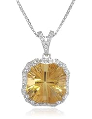 Sterling Silver Concave Cut Citrine and Diamond Pendant Necklace, 18"