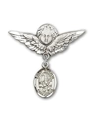 Sterling Silver Baby Badge with St. Rosalia Charm and Angel with Wings Badge Pin