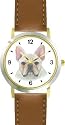 French Bulldog JP Dog - WATCHBUDDY&reg; DELUXE TWO-TONE THEME WATCH - Arabic Numbers - Brown Leather Strap-Size-Large ( Men's Size or Jumbo Women's Size )