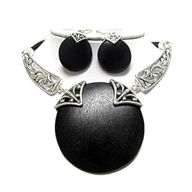 Burnish Metal Round Wood Pendant Necklace and Earrings Set Fashion Jewelry