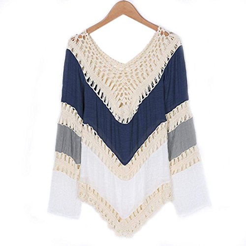 VIISHOW Loose Women V-neck Long Sleeve Knit Splice Hollow Out Irregular Hem Blouse Tops (M,Blue)