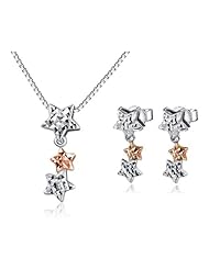 14K Rose and White Gold Diamond-Cut Triple Stars Necklace 16" & Earrings Jewelry Set Women Gift