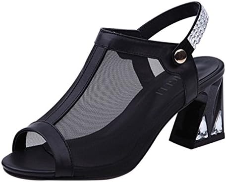 YIGULI Women's Sandals Black Genuine Leather T-strap Hoof Heal Slingback Shoes (6.5 M US)