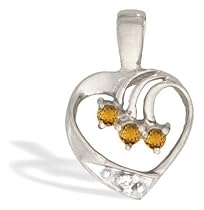 14K White Gold Genuine Round Citrine and Diamond Heart Pendant