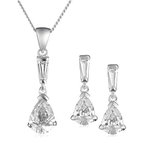 Silver Pear-Shaped Cubic Zirconia Pendant Necklace and Earrings Set 40 cm + 6 cm extender