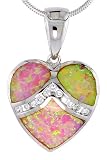 Sterling Silver Heart Pendant, Inlaid w/ Pink Lab Opal with CZ, 3/4 (18 mm) tall,