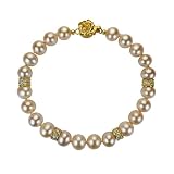 Peach Pink 7-8mm AAA Cultured Pearl Strand Bracelet w. 18K Yellow Gold Overlay Sterling Silver Diamond Cubic Zirconia Roundel and Rose Clasp 7