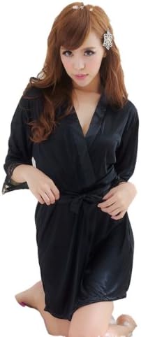 Sexy Women Ladies Open Front Solid Lingerie Set Robe Soft Underwear Pyjamas Nightwear - Black