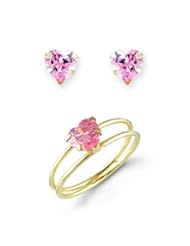 Childs 14k Yellow Gold Pink CZ Heart Stud Earrings Ring Set