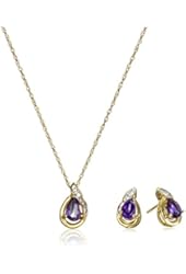 Yellow Gold Plated Sterling Silver Pear Shape Gemstone and Created White Sapphire Earrings and Pendant Necklace Jewelry Set