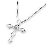 18K White Gold Two Prong Setting Round Diamond Accent Cross Pendant With 925 Sterling Silver Chain (16") (0.08 cttw, G-H Color, VS2-SI1 Clarity)