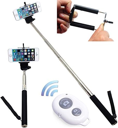 PINPO® Black Extendable Selfportrait Photo Selfie Handheld Stick Monopod With Adajustable Phone Holder Stand For iPhone 5/5s 5C iPhone 6 Samsung Blackberry Camera & White Wireless Camera Bluetooth Remote Shutter Controller For IOS Android Smartphone
