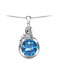 Original Star K (tm) Loving Mother With Child Family Large Pendant With Round 10mm Simulated Aquamarine in 925 Sterling Silver