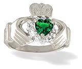 14K White Gold Heart Created Emerald and Diamond Celtic Claddagh Ring