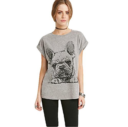 Cartoon French Bulldog Pattern Printed Women's Gray Loose Short-sleeved T-shirt