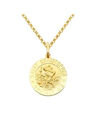 14K Yellow Gold Large Religious Saint Christopher Medal Charm Pendant with Yellow Gold 1.6mm Classic Rolo Cable Chain Necklace with Lobster Claw Clasp - Pendant Necklace Combination (Different Chain Lengths Available)
