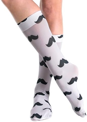 Opaque Mustache Print Knee High Trouser Socks Black White Novelty Made in USA