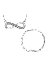 10K White Gold, Diamond Infinity Bracelet and Pendant with Box Chain Set (0.12 cttw)