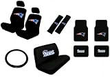 15 Piece NFL Auto Interior Gift Set - New England Patriots - A Set of 2 Seat Covers, 1 Rear Bench Cover, 1 Steering Wheel, A Set of 2 Seat Belt Pads, and A Set of 4 Plush Carpet Floor Mats